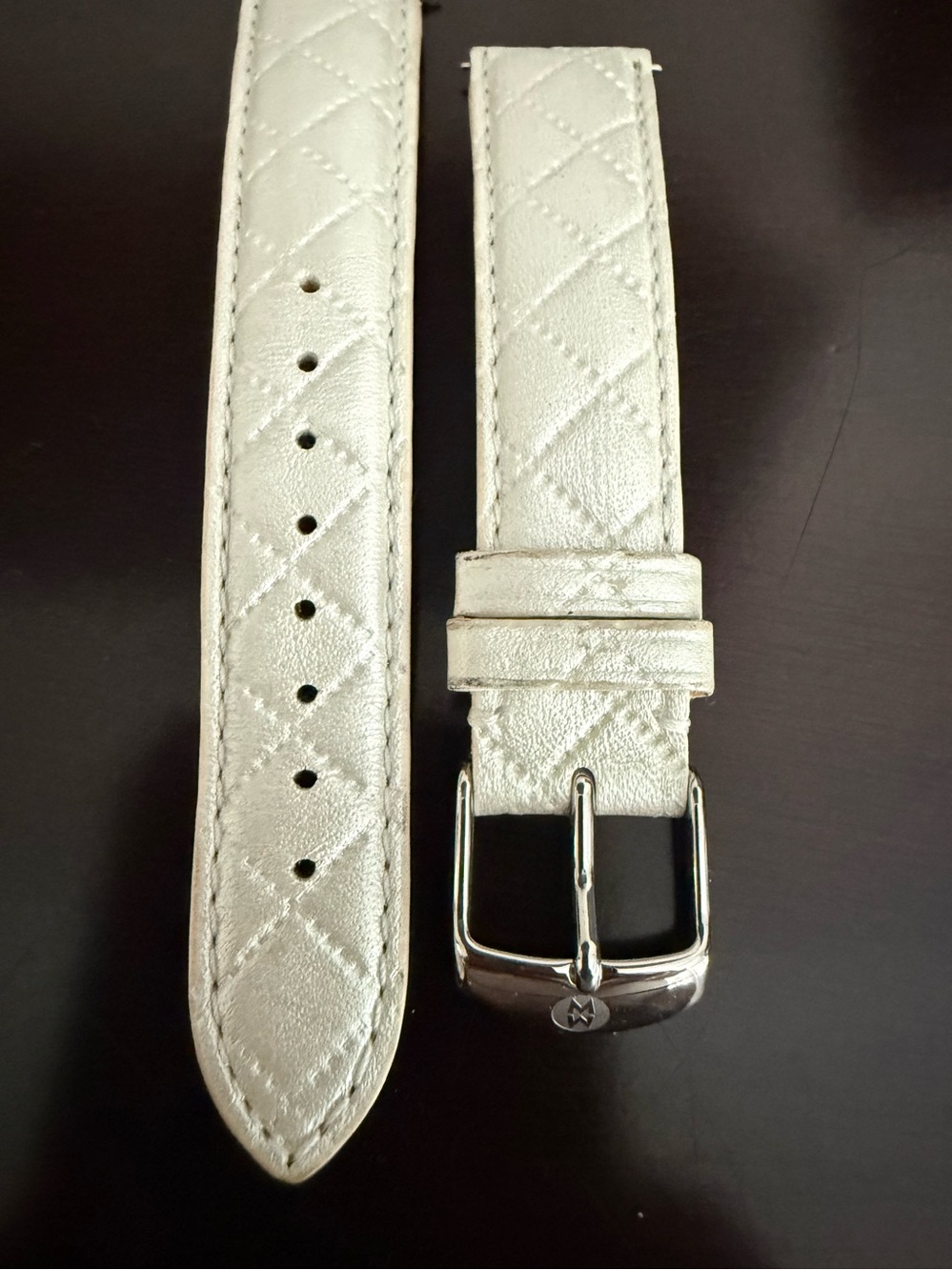 Michele Quilted Metallic White Leather Watch Strap with Silver Buckle